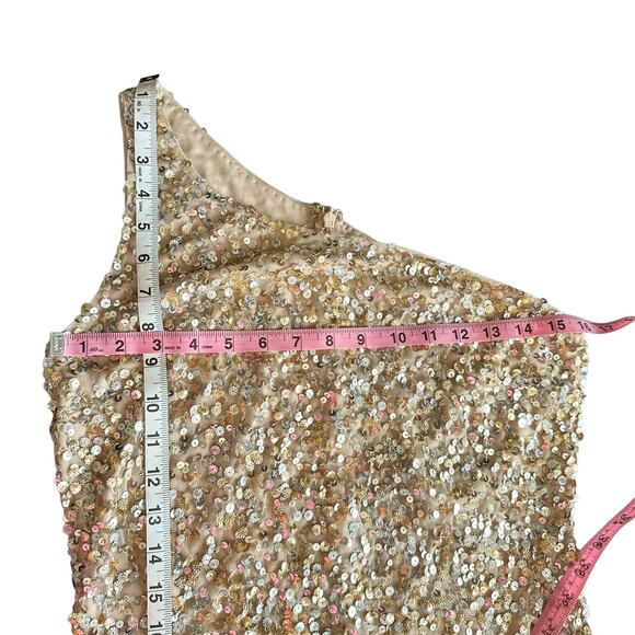 Mac Duggal NEW One Shoulder Sequin Embellished High Slit Maxi Gown Champagne 4 - Picture 12 of 16